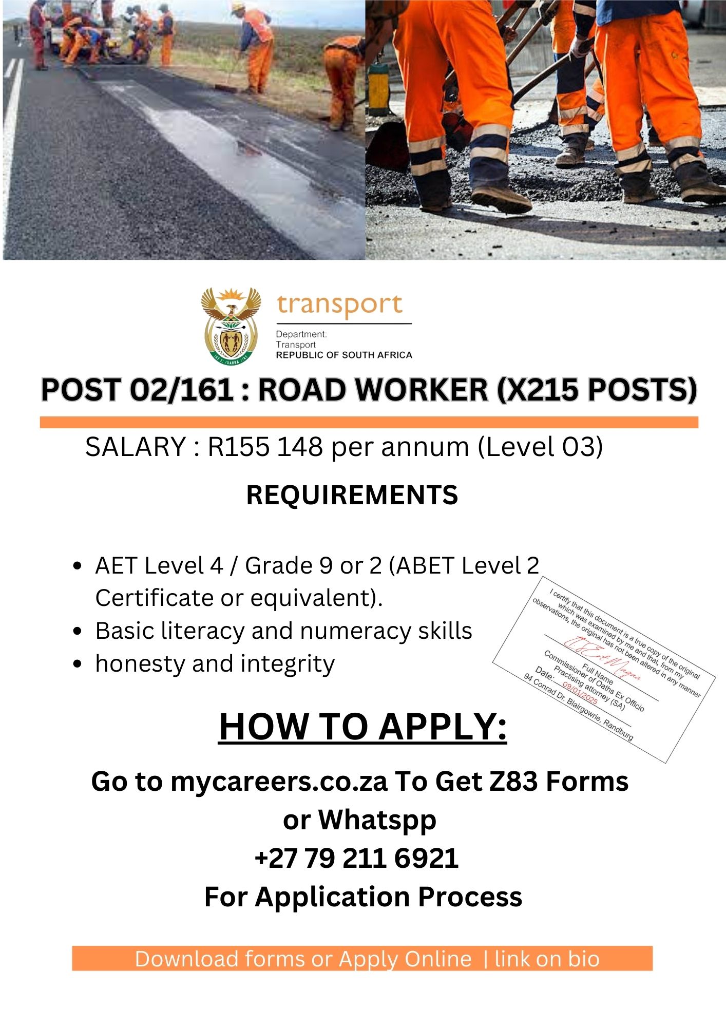 POST 02 161 ROAD WORKER X215 POSTS Mycareers Co Za